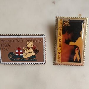 1981 Breast Cancer Awareness and Season's Greetings Stamp Pin Set